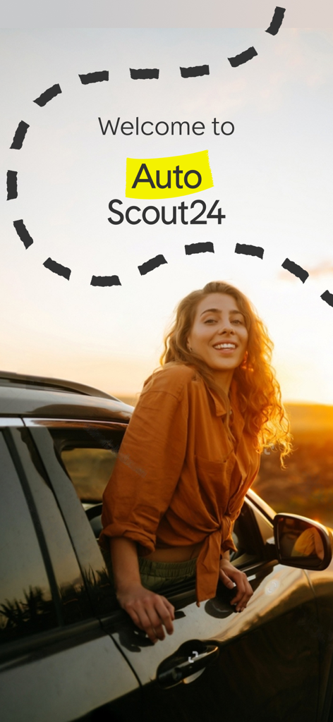 Une femme souriante se penchant par la fenêtre d'une voiture sur l'écran d'accueil d'AutoScout24