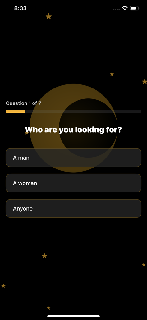 A quiz screen in the Amora app asking the user if they are looking for a man, a woman, or anyone.