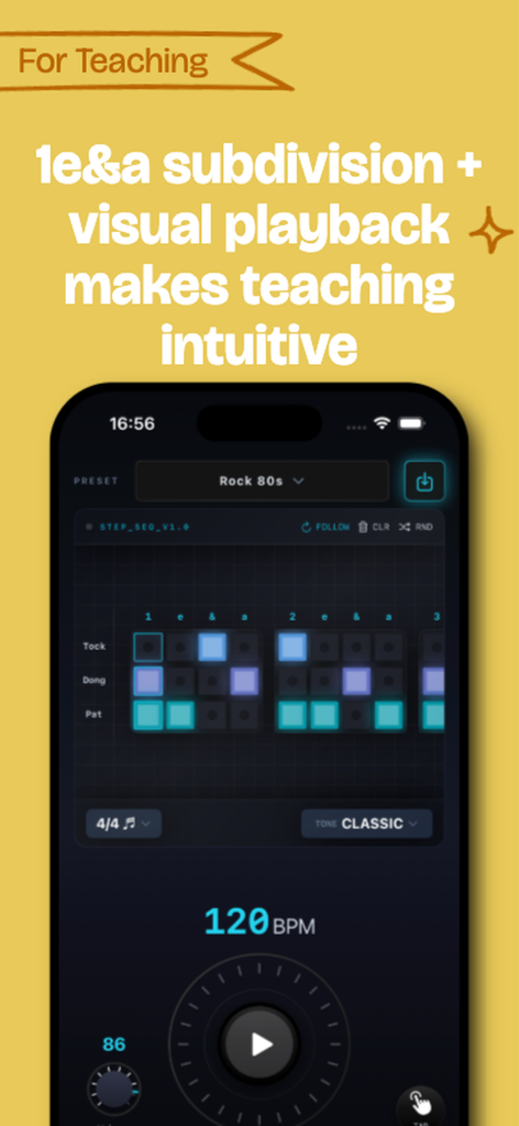 FlowBeats Metronome - Interface FlowBeats Metronome affichant un séquenceur visuel avec des étiquettes de subdivision rythmique pour l'enseignement de la musique