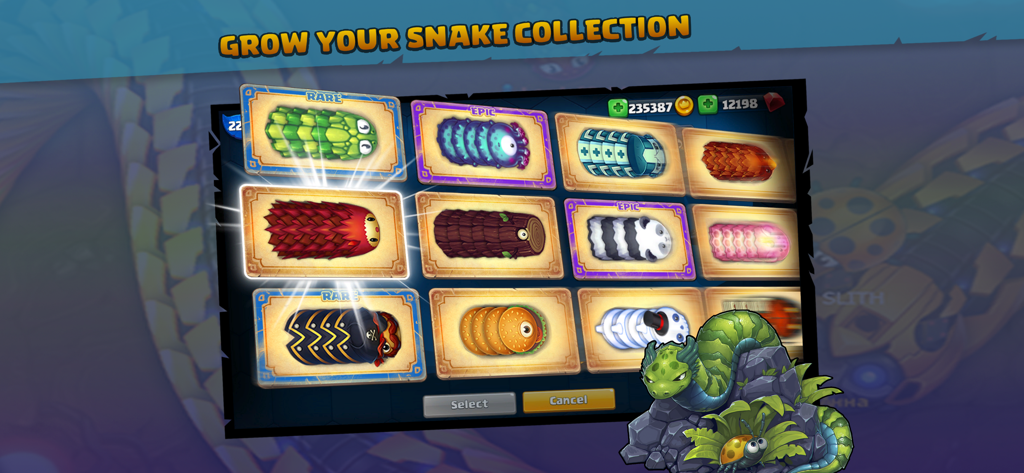 Menu screen showing a variety of rare and epic snake skins available for collection in Little Big Snake.