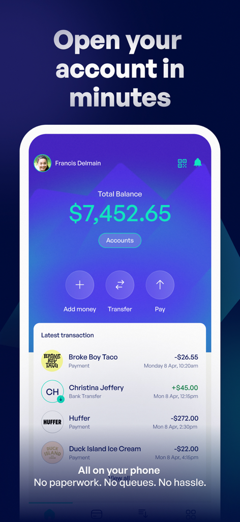 Emerge: Money Made Easy - Emerge mobile app dashboard showing account balance and recent transactions on a smartphone