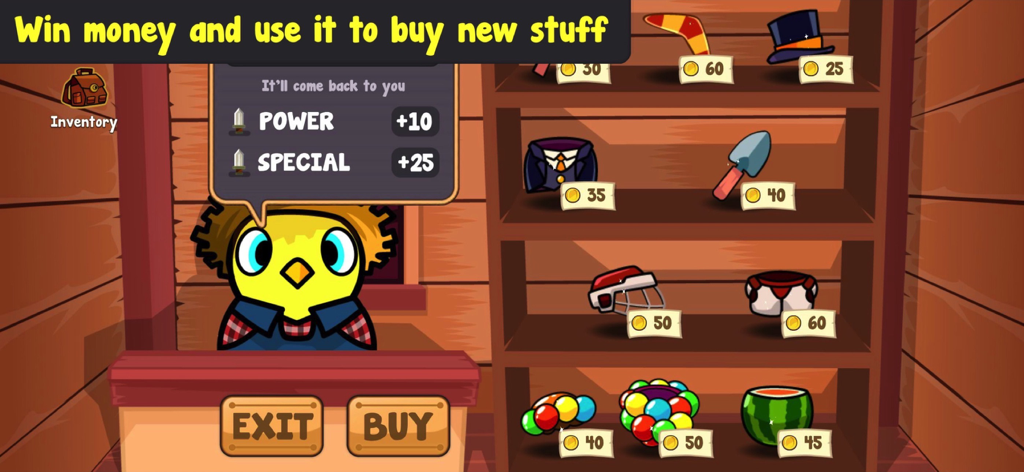 Duck Life 7: Battle - A duck character behind a shop counter with various items for sale on wooden shelves