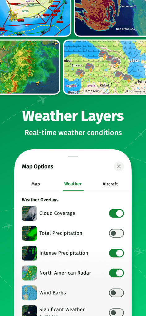 AirNav Radar – Flight Tracker - AirNav 레이더 비행 추적기 앱 인터페이스의 실시간 날씨 레이어 및 지도 오버레이 옵션