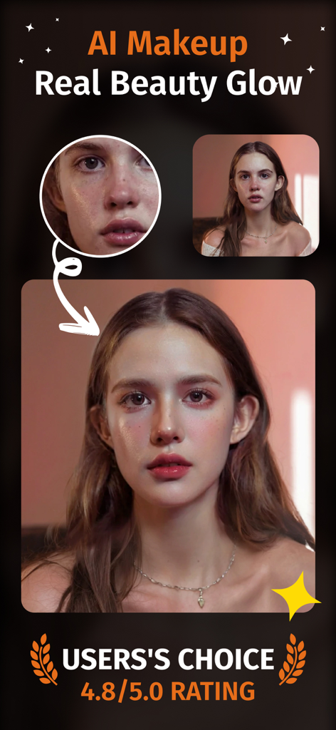 女性の顔がAIメイクとビューティグロー機能を使用したビフォーアフターの変身を示している