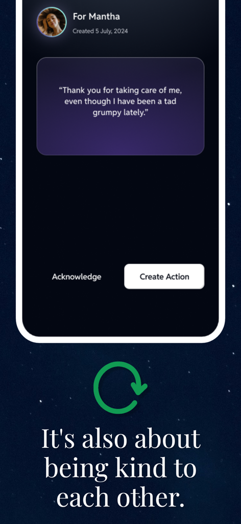 Couples Relationship AI App - Una captura de pantalla que muestra un mensaje de agradecimiento entre parejas en la Aplicación de IA para Relaciones de Pareja con opciones para reconocer o crear una acción.