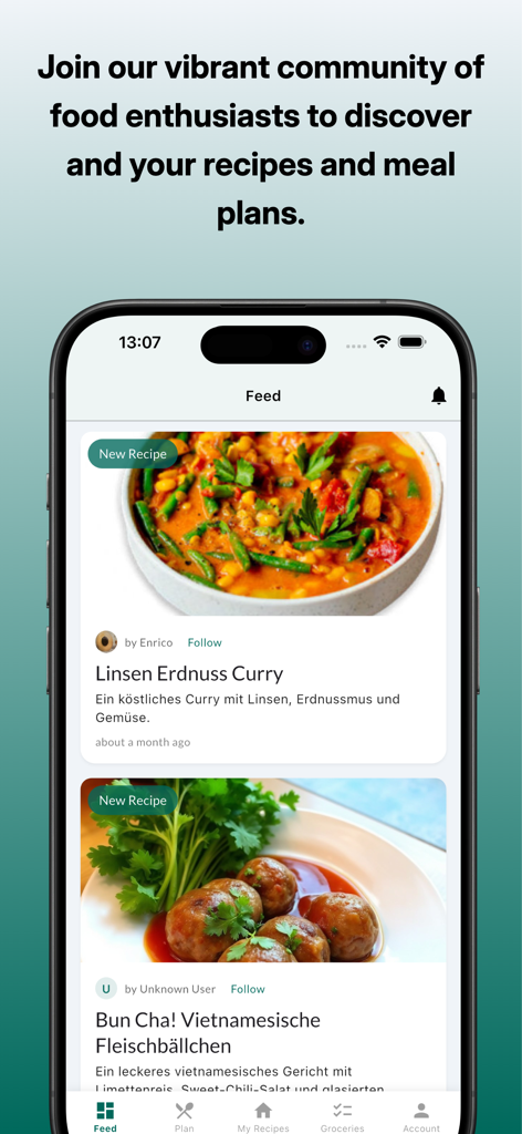 A screenshot of the My Meals app social feed showing community shared recipes.
