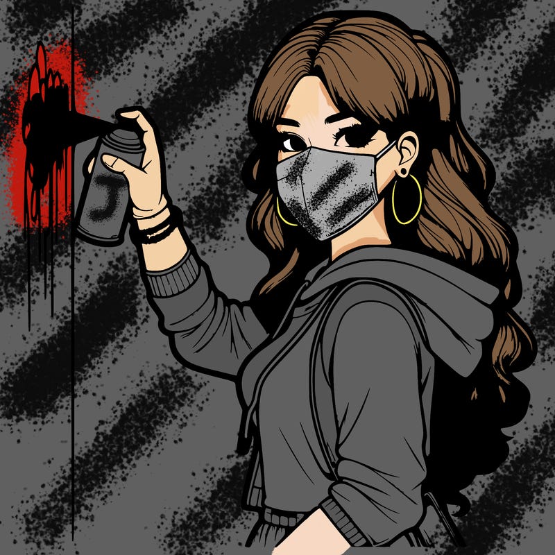 realistic girl with mask spray painting a wall
