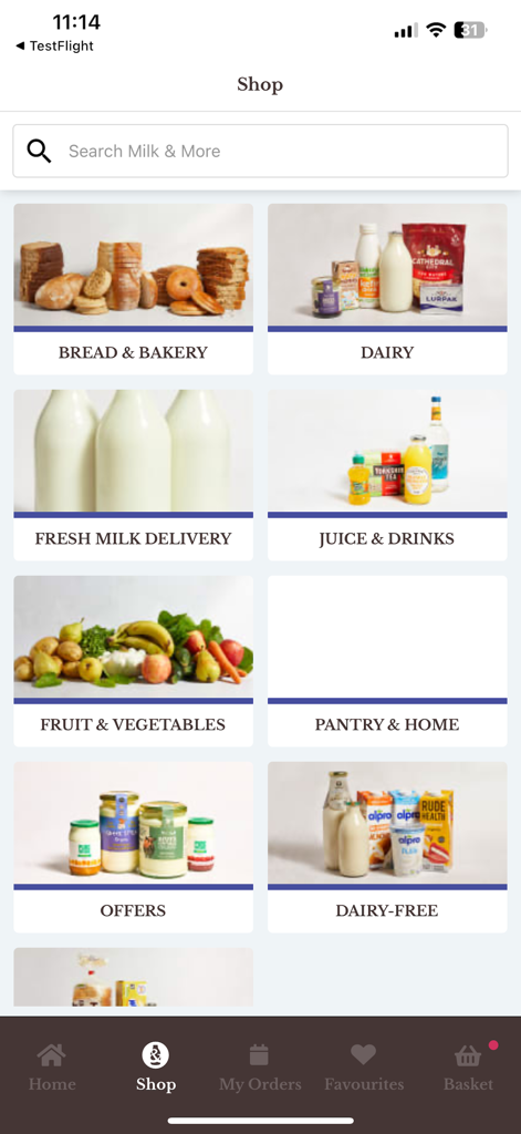 Milk and More mobile app shop screen showing various grocery categories like dairy and bakery for doorstep delivery