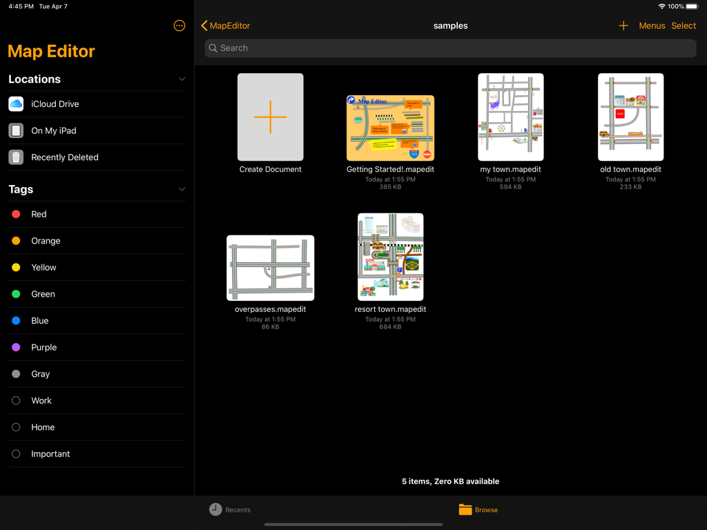 i Map Editor - iPad dashboard for i Map Editor app displaying sample map projects and file management options