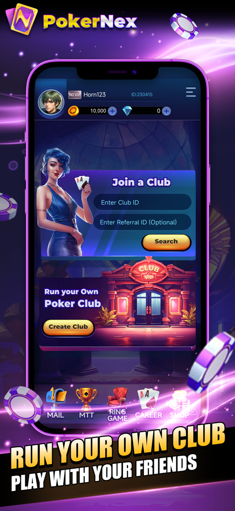 PokerNex - Schermata dell'app mobile PokerNex che mostra opzioni per unirsi a un club o crearne e gestirne uno proprio per giocare con gli amici.