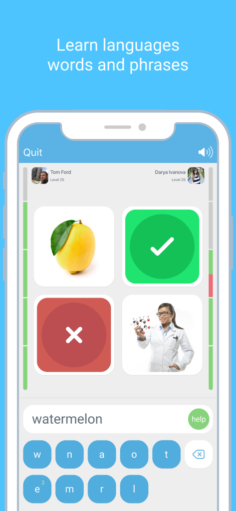 LinGo Play app screenshot showing a gamified vocabulary flashcard game with multiplayer profiles