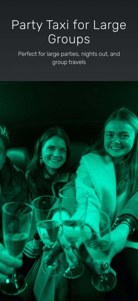 Friends celebrating in a large Dantaxi party taxi with champagne.