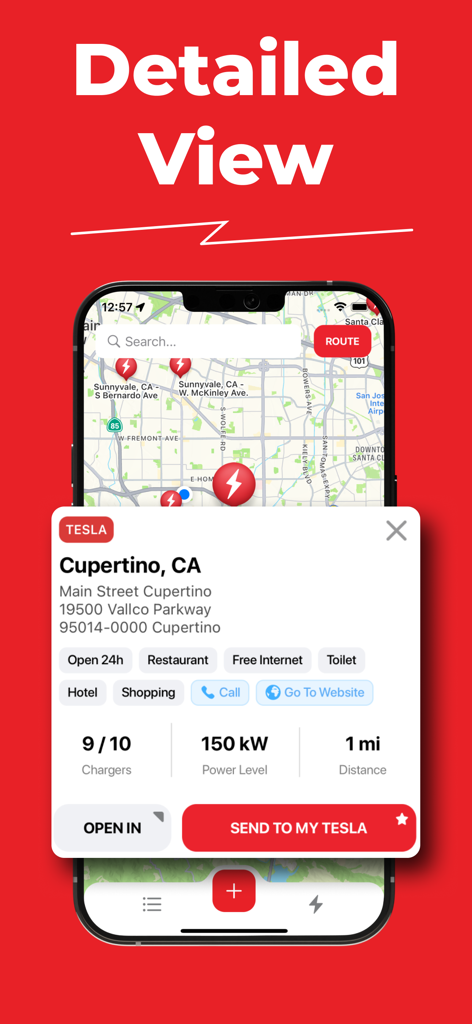 Supercharger map for Tesla - Tesla supercharger detailed view showing station amenities and charging status