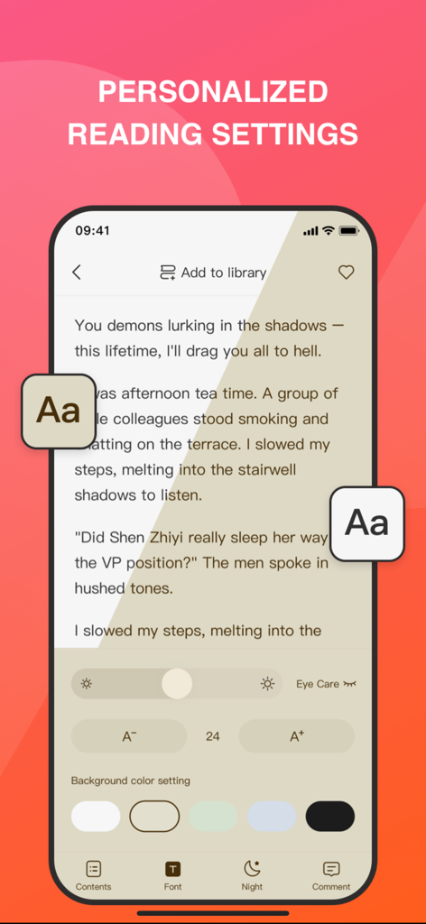 NovelGo - NovelGo mobile app interface showing personalized reading settings for font size and background color