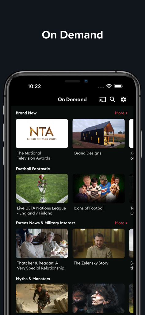 Screenshot of the BFBS Player app showing On Demand British television programs and military news.