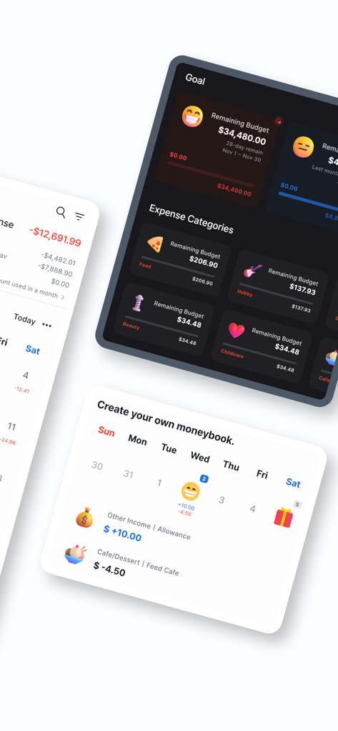 Feed MoneyBook Pro - Screenshots of Feed MoneyBook Pro app showing personalized budget goals and expense categories with cute icons