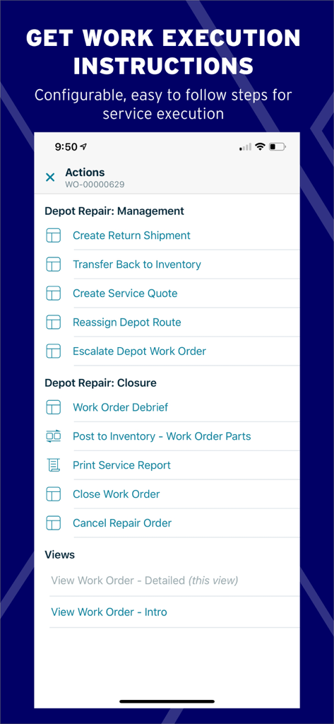 ServiceMax Go interface showing configurable work order actions and repair management steps