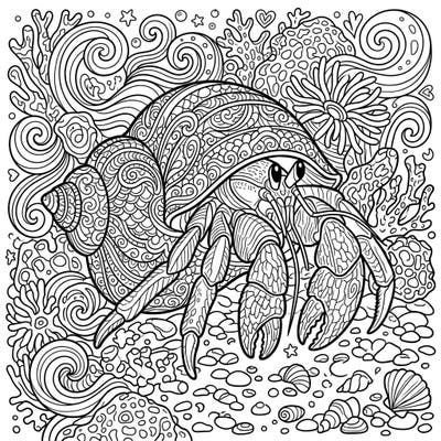 Embark on a relaxing artistic journey with this stunning hermit crab adult coloring page. Featuring elaborate details and a captivating underwater scene, it promises hours of mindful coloring.