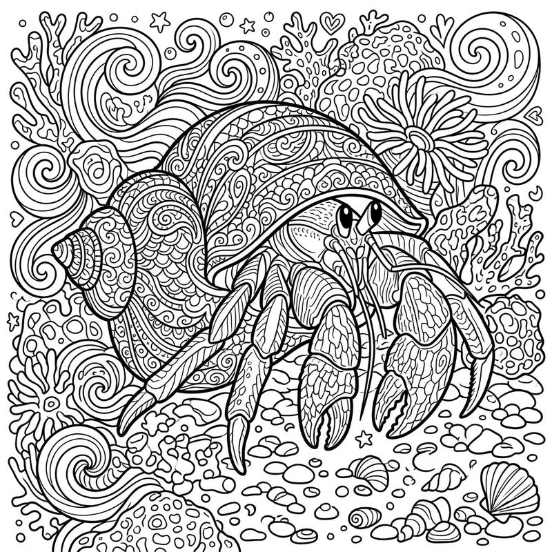 Embark on a relaxing artistic journey with this stunning hermit crab adult coloring page. Featuring elaborate details and a captivating underwater scene, it promises hours of mindful coloring.