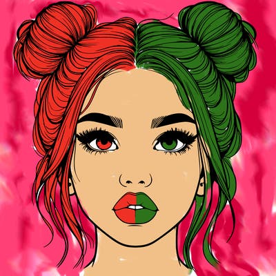 realistic girl with two buns on her hair and lips
