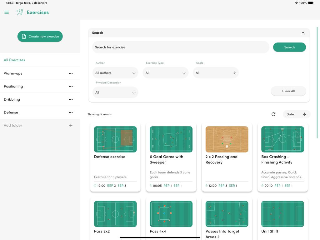 Coaching dashboard in the Tactical Boards app showing a library of soccer and basketball training drills