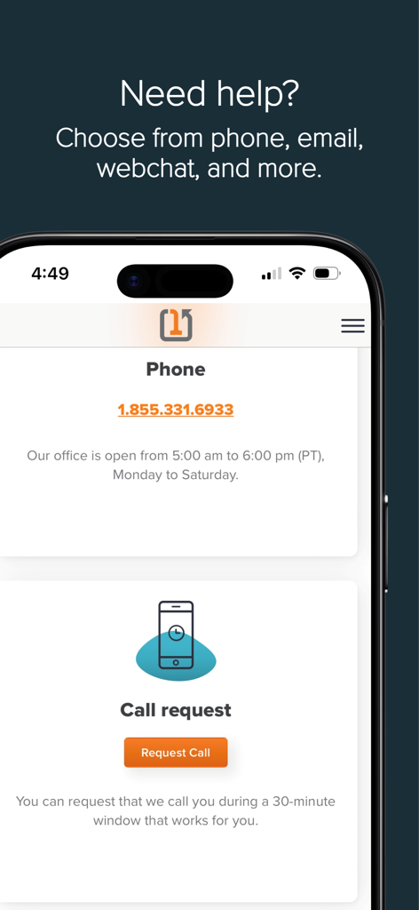 Square One - Square One mobile app screen showing customer support options including phone and call request features.