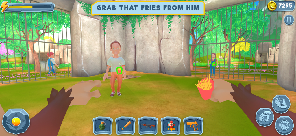 Monkey from Hell Zoo Cage Game - Perspectiva em primeira pessoa de um macaco roubando batatas fritas de um visitante em uma jaula de zoológico.