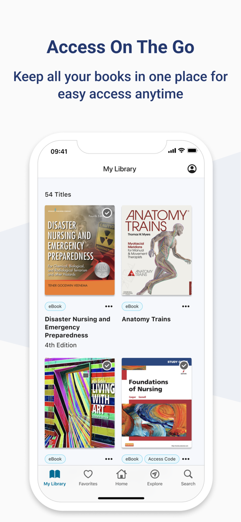 モバイルデバイス上のデジタル教科書のコレクションを表示するVitalSource Bookshelfアプリの「マイライブラリ」画面