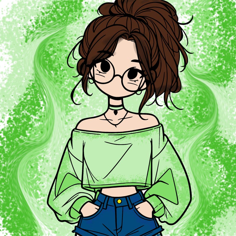 girl with a messy ponytail glasses a baggy crop top and jean shorts