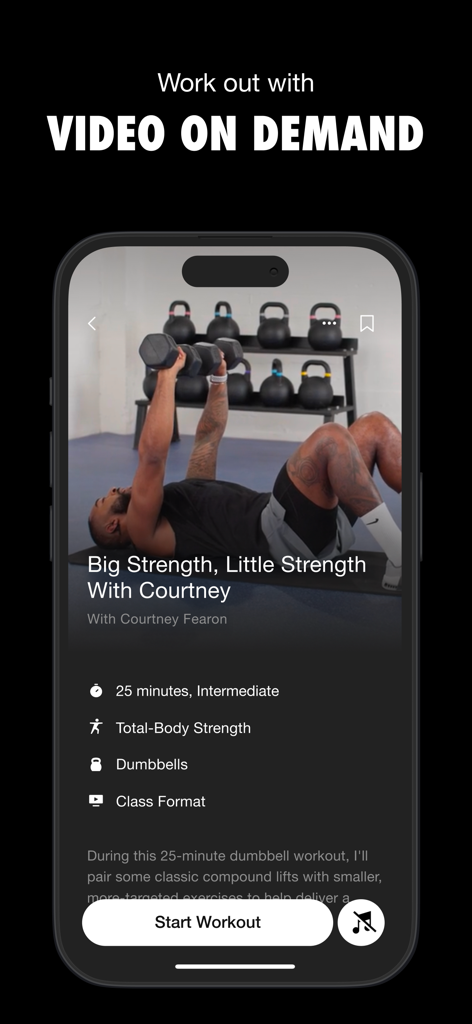 A mobile screen showing the Nike Training Club app interface for a video on demand strength workout session.