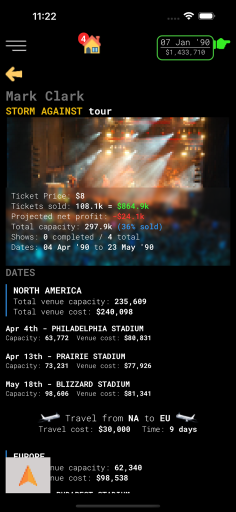 CD Market - Music Label Sim - Tour management screen in CD Market Music Label Sim showing concert dates and financial projections