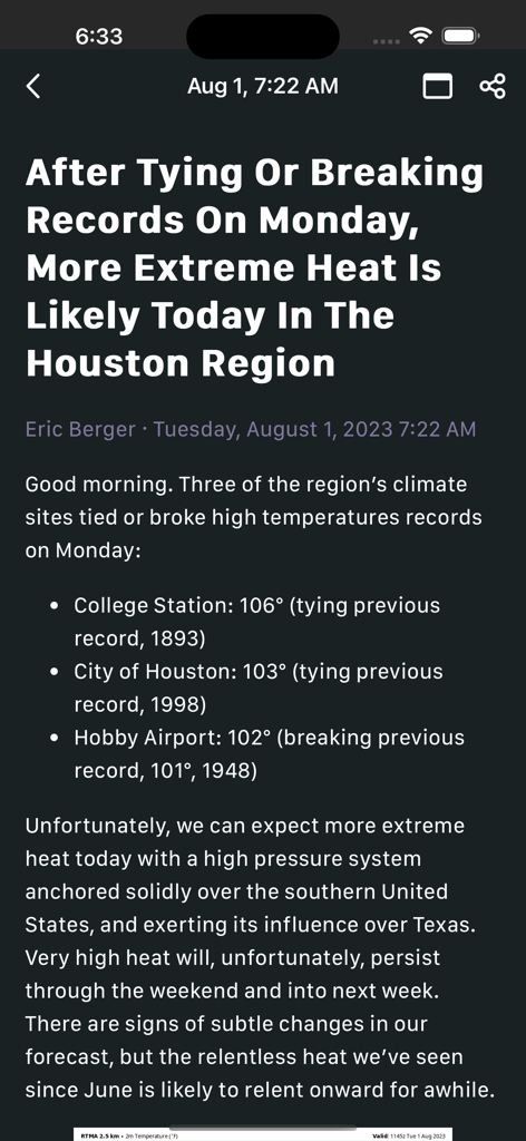 Screenshot dell'app Space City Weather che mostra un post del blog sul caldo estremo e sui record di temperatura nella regione di Houston