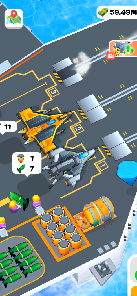 Idle Aircraft Carrier - Top down view of fighter jets and crew members on an aircraft carrier flight deck