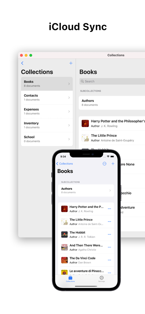 Collections Database - Collections Database app interface showing iCloud synchronization across Mac and iPhone devices