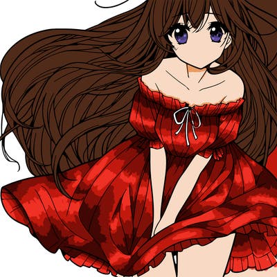 manga girl with long flowing hair and a dress that is pushed down