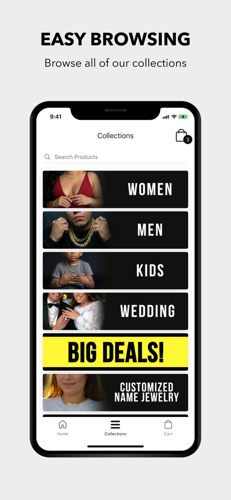 Javierthejewelernyc - Javierthejewelernyc app collections screen showing jewelry categories for men women kids and wedding