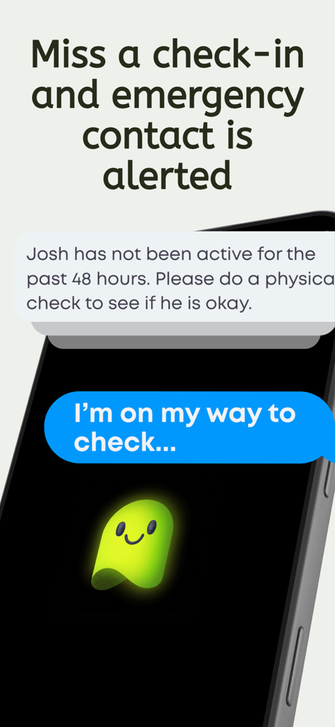 Are You Dead or Alive?! - Smartphone displaying an emergency notification sent to a contact after a missed daily check-in.