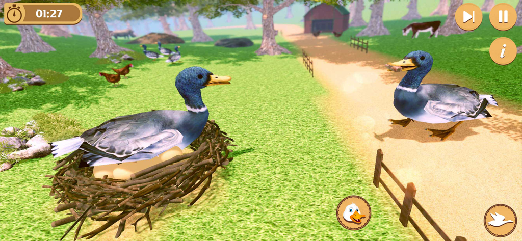 Virtual Duck Life Simulator - Eine 3D-Simulation einer Ente, die auf einem Nest mit Eiern sitzt, während eine andere Ente an einem sonnigen Bauernhof Futter bringt