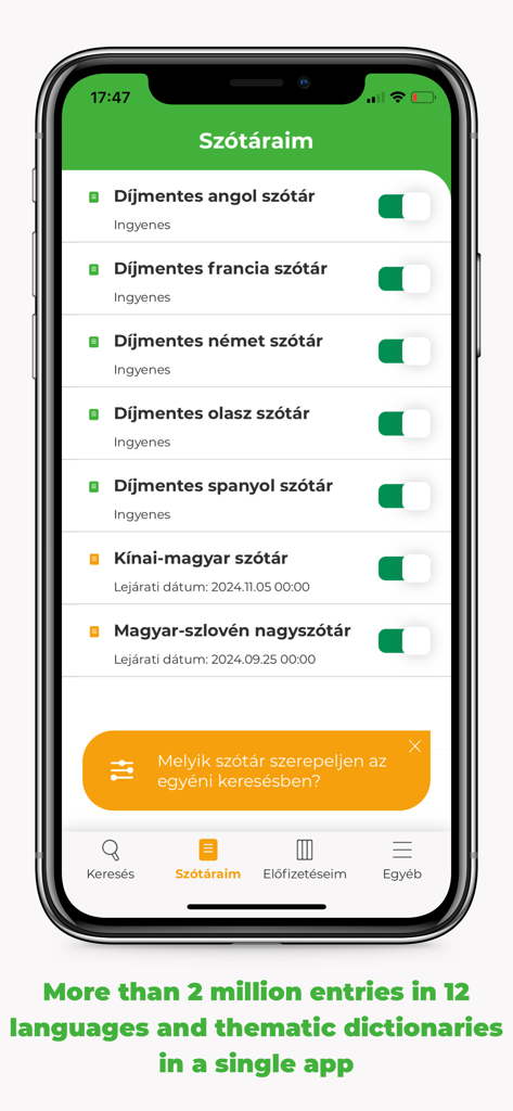 szotar.net - A list of available language and technical dictionaries on the szotar.net mobile app.