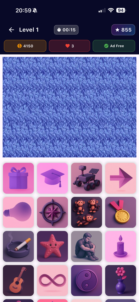 Gameplay-Bildschirm des Stereogramm-Spiels Magic Eye mit einem blauen versteckten 3D-Bild und einem Raster von Objekten zur Auswahl.