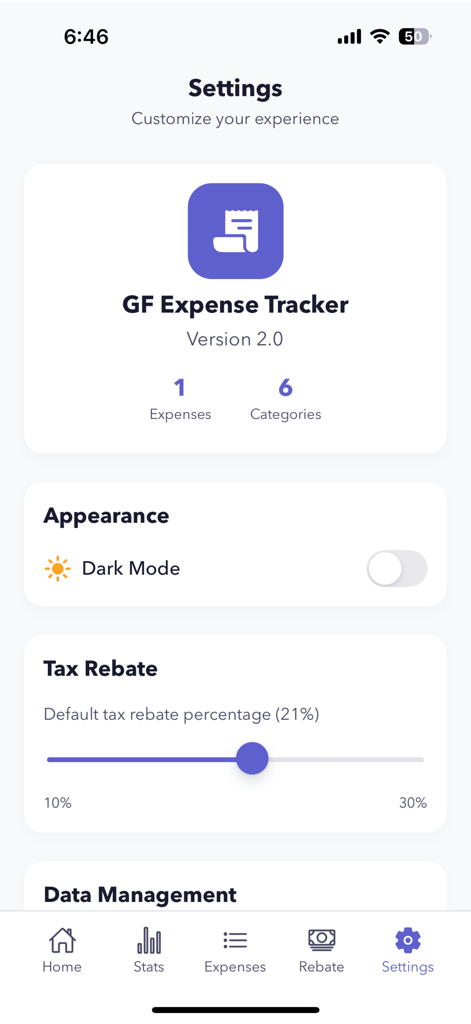 CeliTrack: Celiac Tax Helper - Tela de configurações do aplicativo CeliTrack mostrando o controle deslizante do modo escuro e o controle deslizante da porcentagem de reembolso fiscal