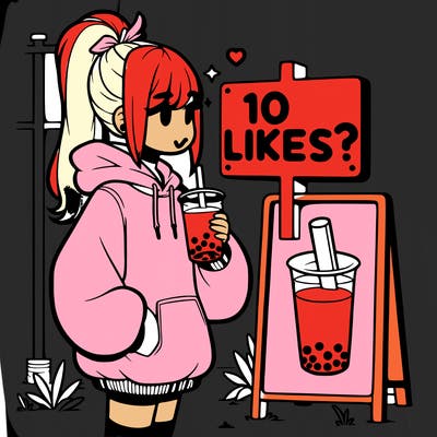 girl with oversized hoodie drinking boba and she has a high ponytail with a sign that says 10likes?