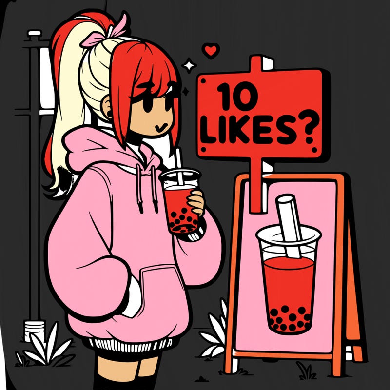 girl with oversized hoodie drinking boba and she has a high ponytail with a sign that says 10likes?