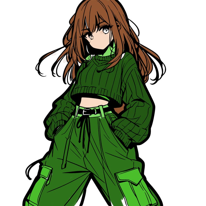 anime teen girl with baggy pants and crop top with sweater