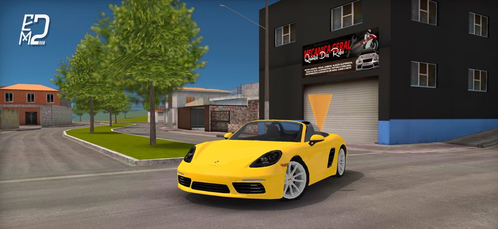 Elite Motos 2の整備工場の前に駐車された黄色いスポーツカー