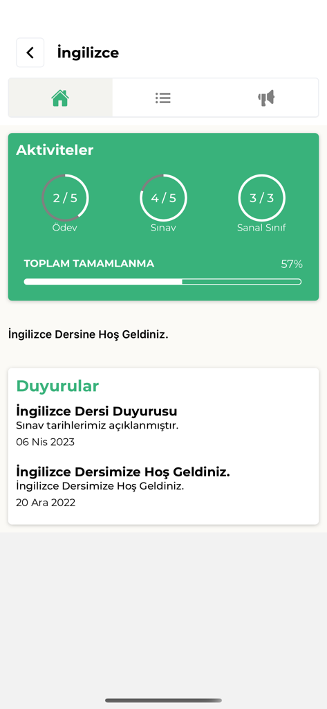 K365 - The K365 mobile app dashboard displaying student progress for an English course with activities and announcements