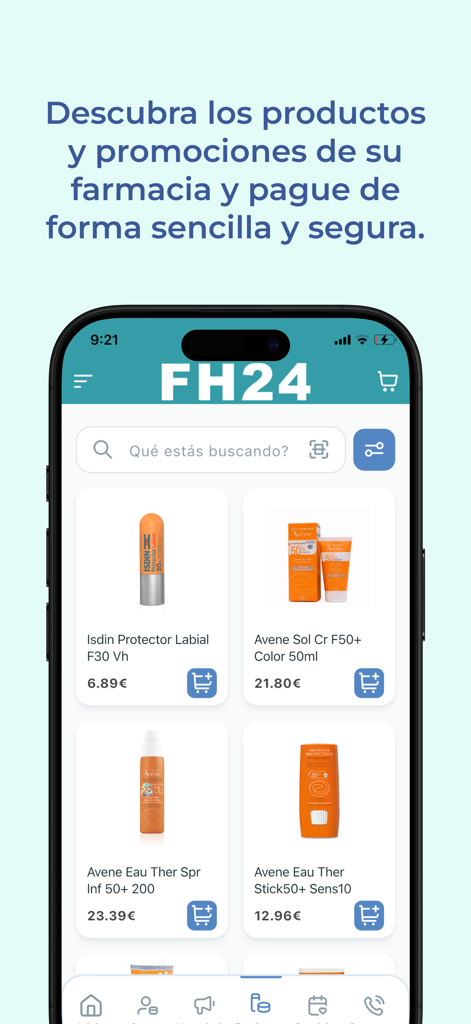 Farmahorro24 - Interfaccia dell'app mobile Farmahorro24 che mostra un catalogo di prodotti farmaceutici con prezzi e pulsanti del carrello