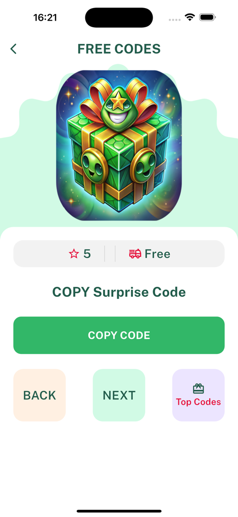 PlayBoost & Codes for Roblox - Interfaz de la aplicación PlayBoost que muestra una pantalla de código sorpresa de Roblox con un botón de copia