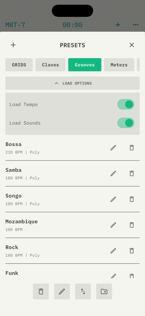 MRT-7 Metronome - El menú de presets en Metrónomo MRT-7 mostrando una variedad de opciones de groove rítmico como Bossa y Samba.