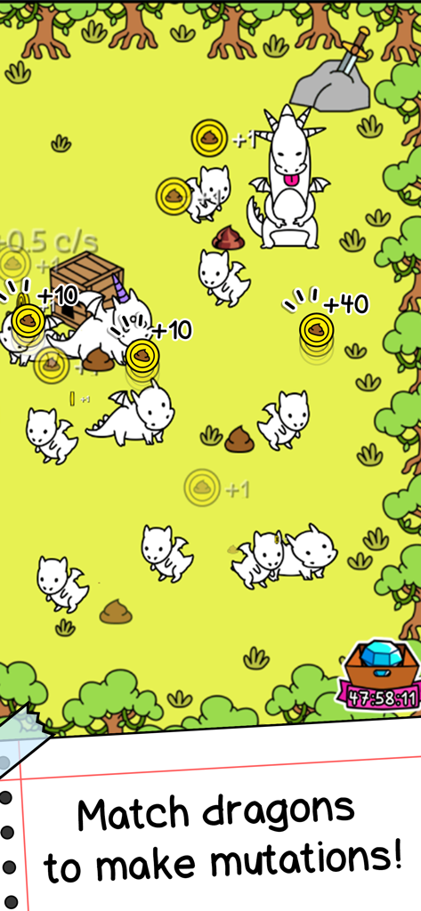 Gameplay screenshot of Dragon Evolution showing white cartoon dragons and coins on a green field with the text Match dragons to make mutations
